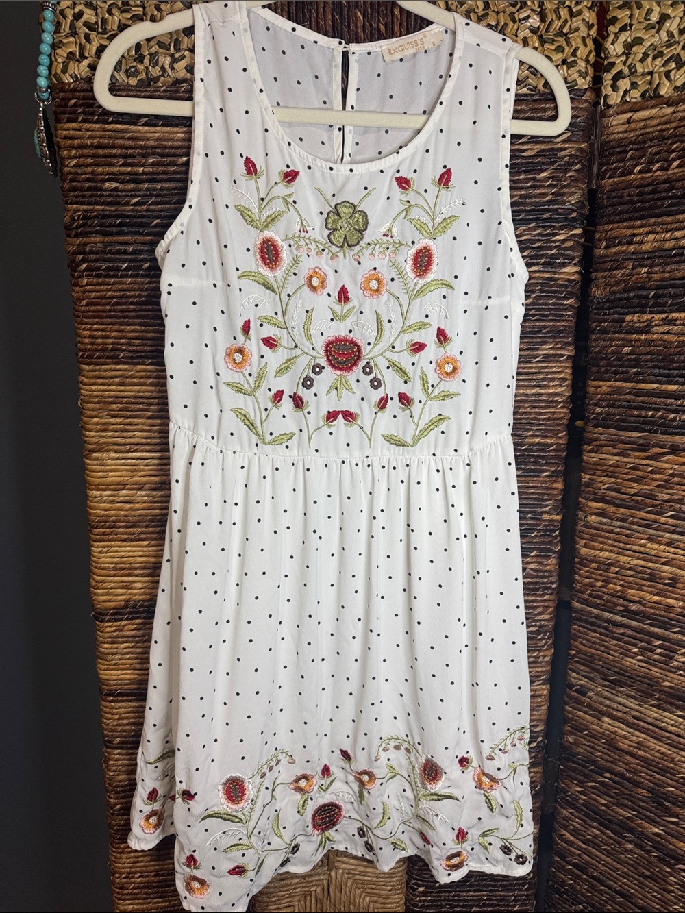 White Embroidered Polka Dot Mini Dress - Floral Detail
